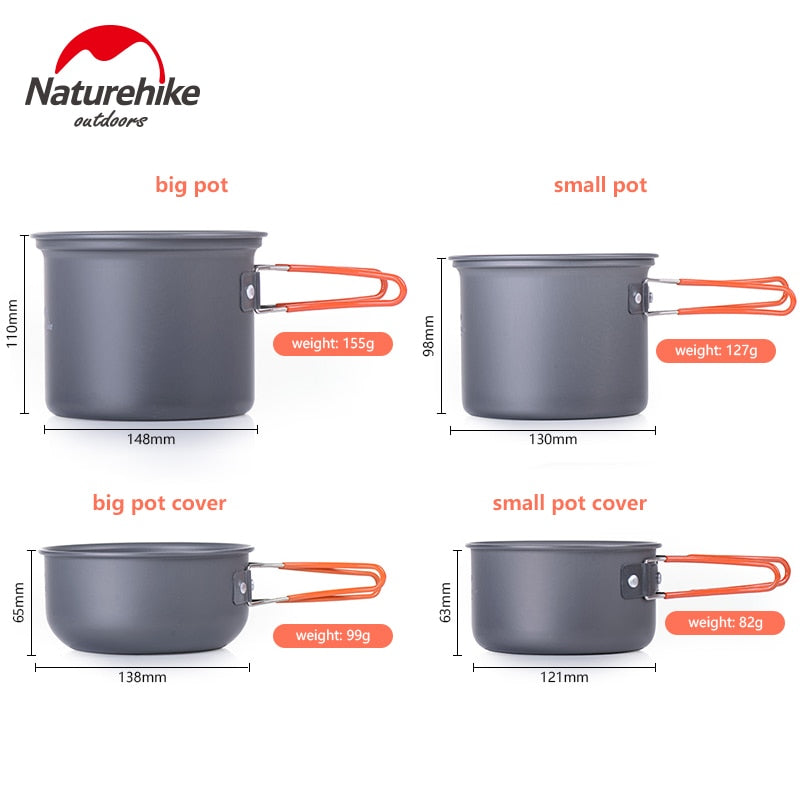Naturehike 2-3 Person Camping Pot Sets Portable Outdoor Cookware Picnic Pot Pan Picnic Bowl Travel Mess Kits NH15T401-G