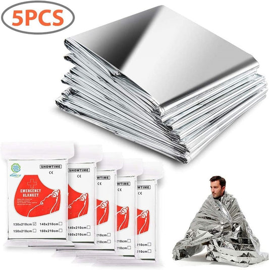 5 Pack Emergency Blanket Thermal Mylar Space Blanket Silver Foil Blanket Survival Blanket Windproof Waterproof Survival Gear