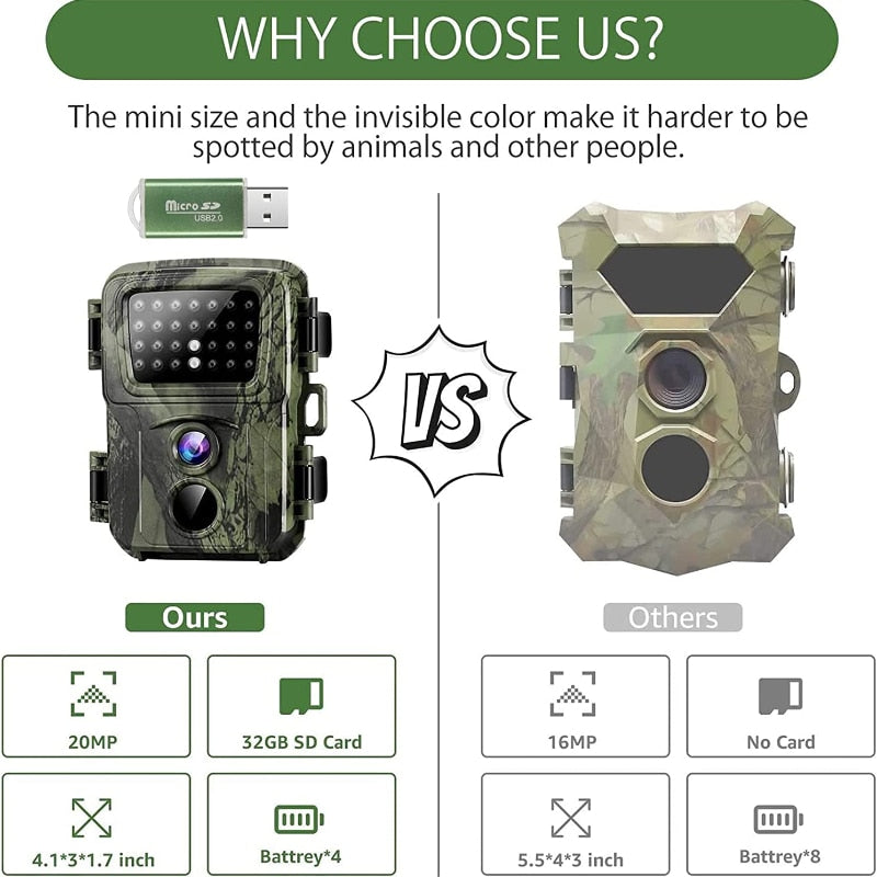 Mini Trail Camera 2 Pack 20MP 1080P Game Cameras Night Vision Motion Activated Waterproof Hunting Cam Wildlife Monitoring Trap